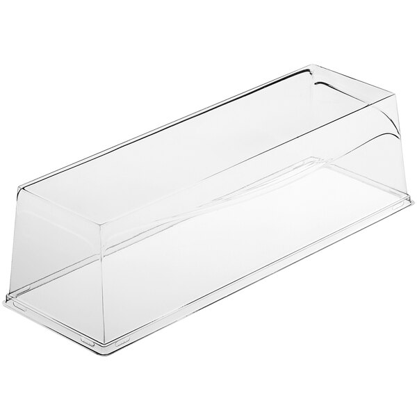 A Solia transparent PET lid on a clear rectangular container.