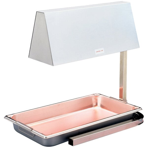 A rectangular metal tray with two white heat lamps on top.