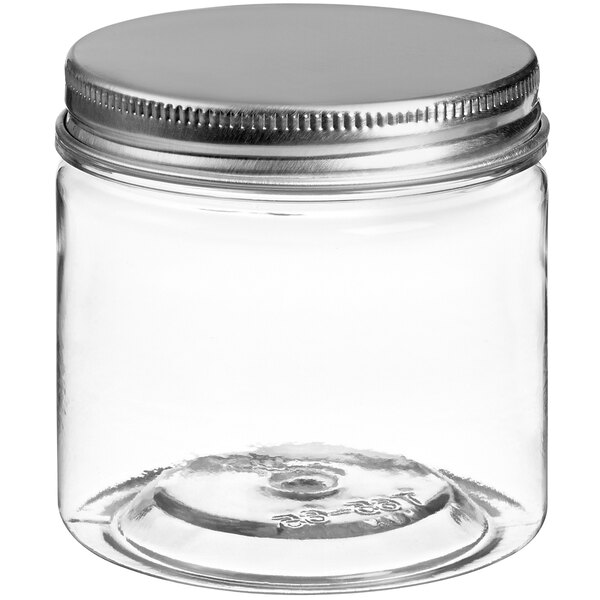 A clear plastic jar with a silver lid.