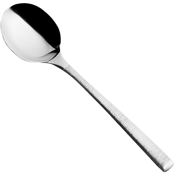 A Sola stainless steel round bowl soup spoon with a long handle.