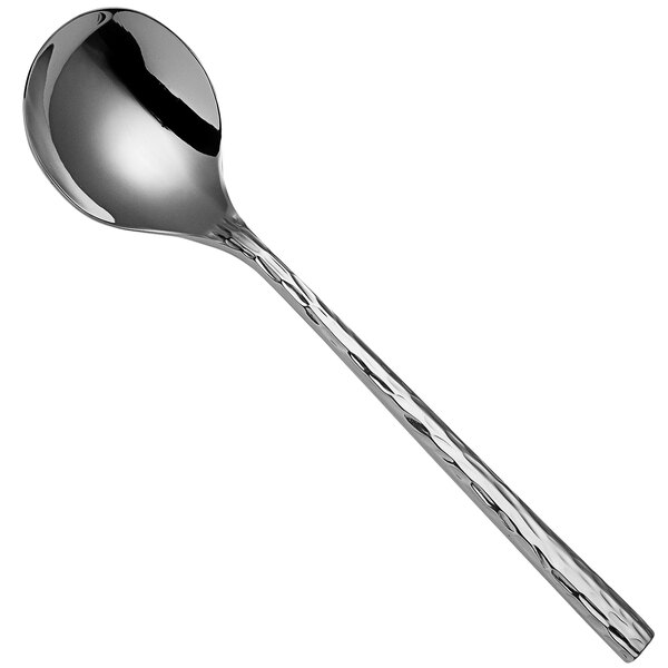 A Sola stainless steel round bowl soup spoon with a handle.