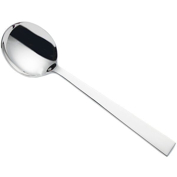 A Sola stainless steel soup spoon with a long silver handle.