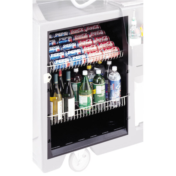A white Cambro wire shelf holding soda and bottles.
