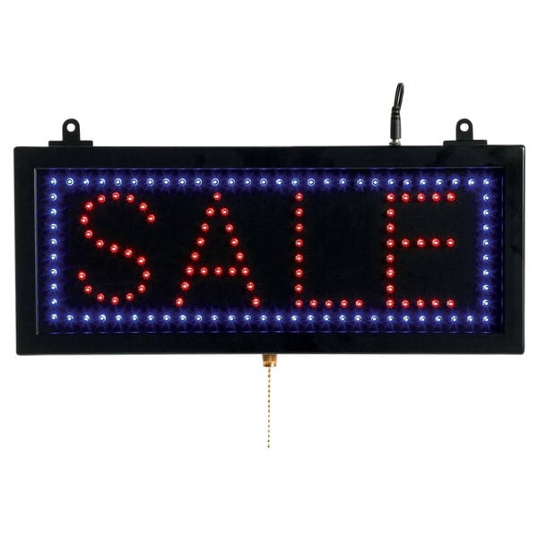 An Aarco rectangular LED sale sign with blue and red lights.