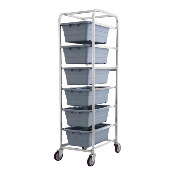 A Winholt aluminum lug rack with six grey plastic bins on it.