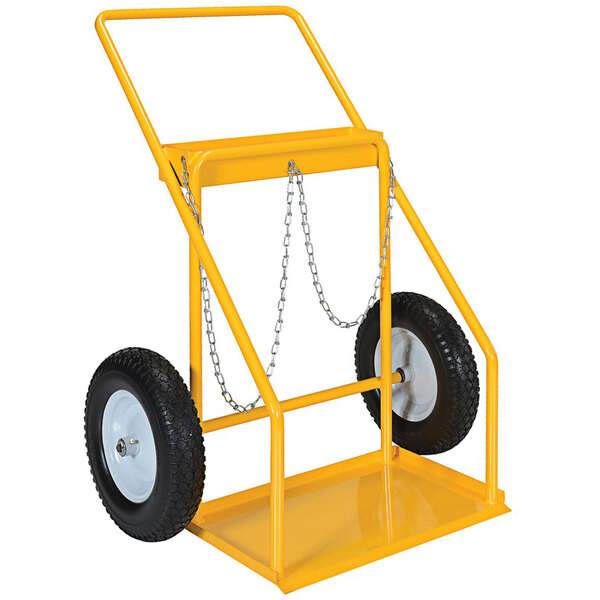 A yellow Vestil steel cylinder cart for 2 cylinders with black wheels and chains.