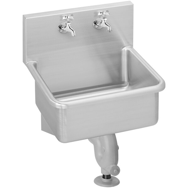 An Elkay stainless steel wall mounted utility sink with two faucets.