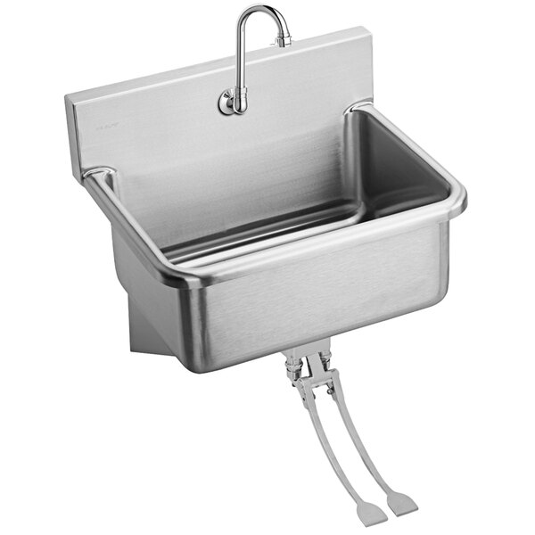 An Elkay stainless steel wall-mounted utility sink with a foot-operated faucet.