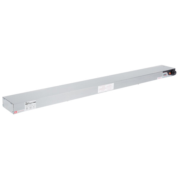 A long white rectangular metal strip with red and black buttons.