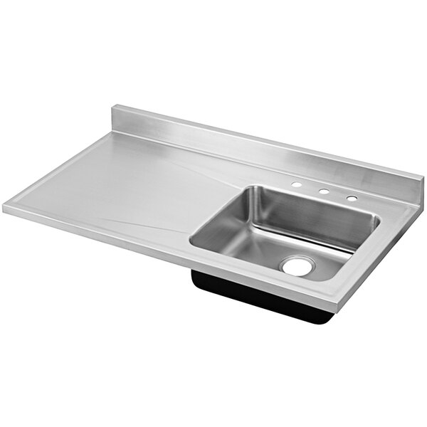 An Elkay stainless steel sink with a left drainboard and three faucet holes.