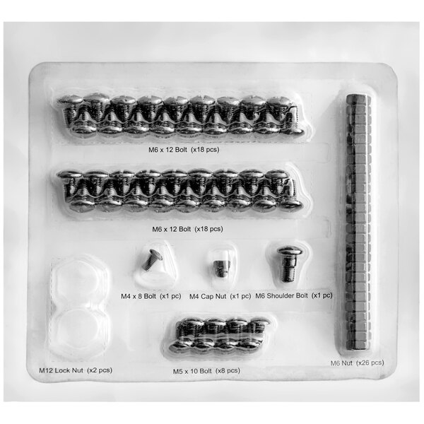 A plastic package of screws and bolts for a Backyard Pro outdoor pellet grill.