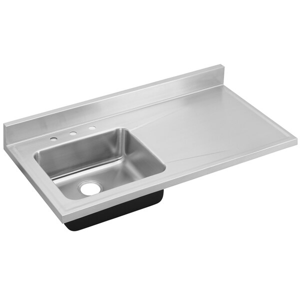 A stainless steel Elkay sink with a right drainboard and four faucet holes.