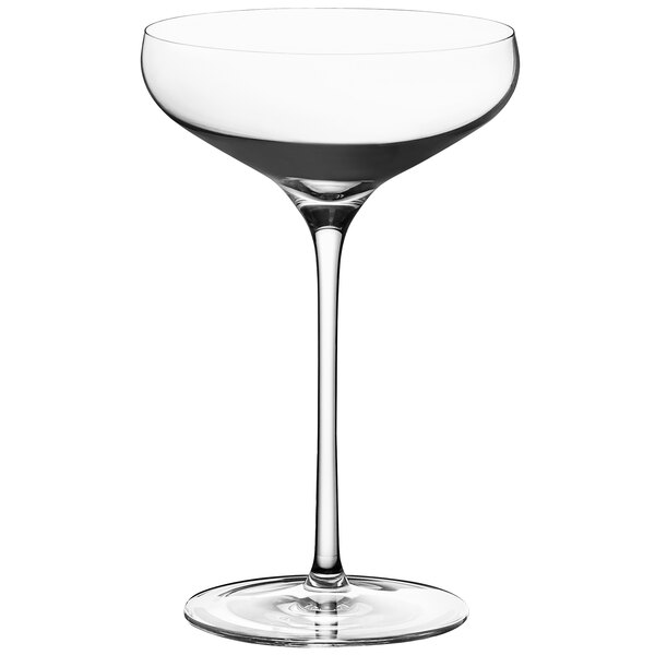 A clear Stolzle champagne coupe glass with a thin stem.