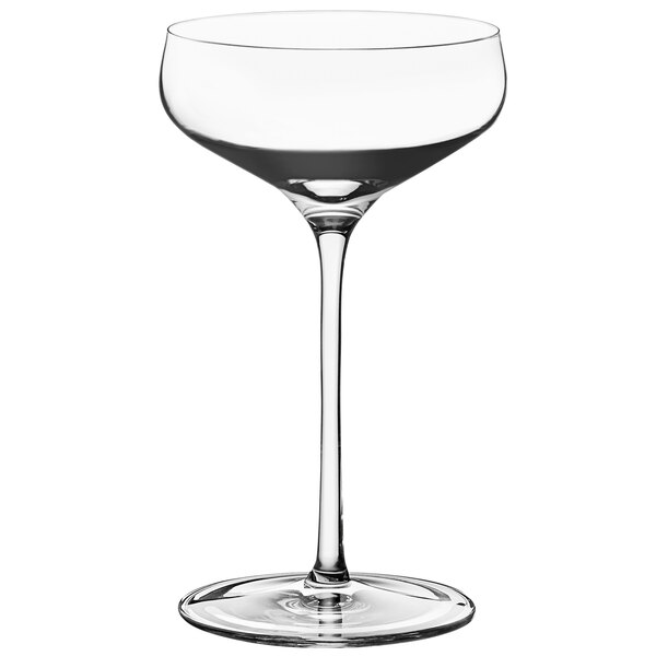 A clear wine glass with a long stem on a white background.