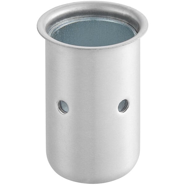 A stainless steel cylinder with holes.