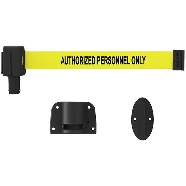 A black wall mount system with a yellow and black Banner Stakes tape with black text.