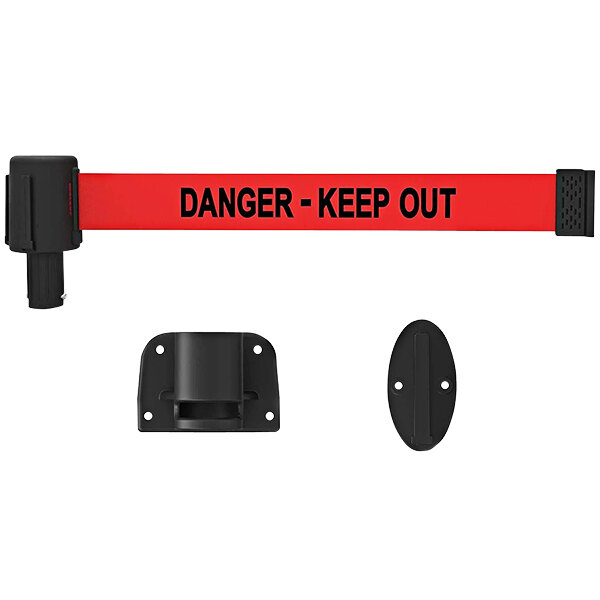 A red and black Banner Stakes wall mount barrier with "Danger-Keep Out" text.
