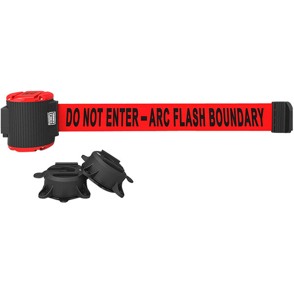 A black and red Banner Stakes wall mount belt with black text reading "Do Not Enter - Arc Flash Boundary" and a light kit.