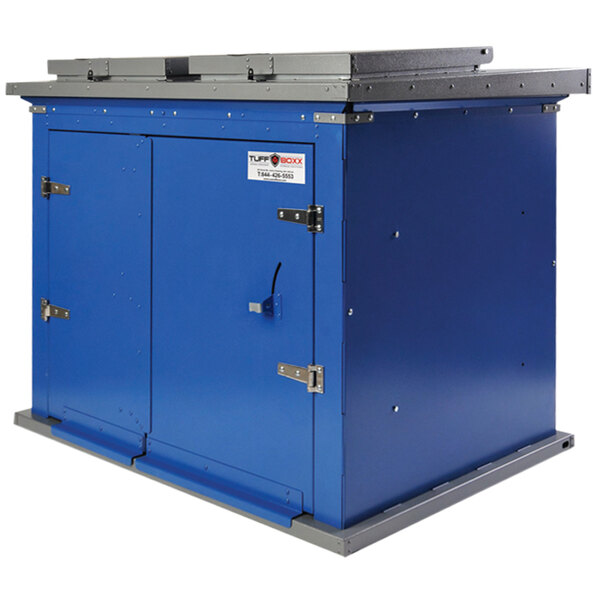 A blue TuffBoxx Broot steel trash receptacle with doors.