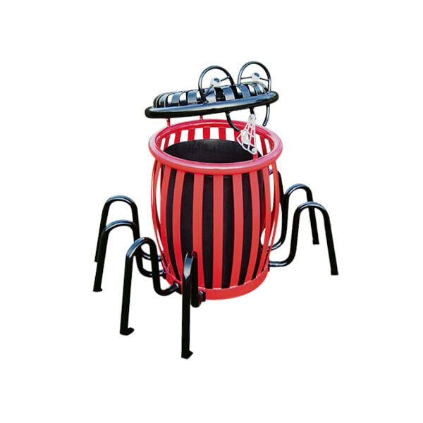 A red and black Paris Site Furnishings steel trash can with spider legs.