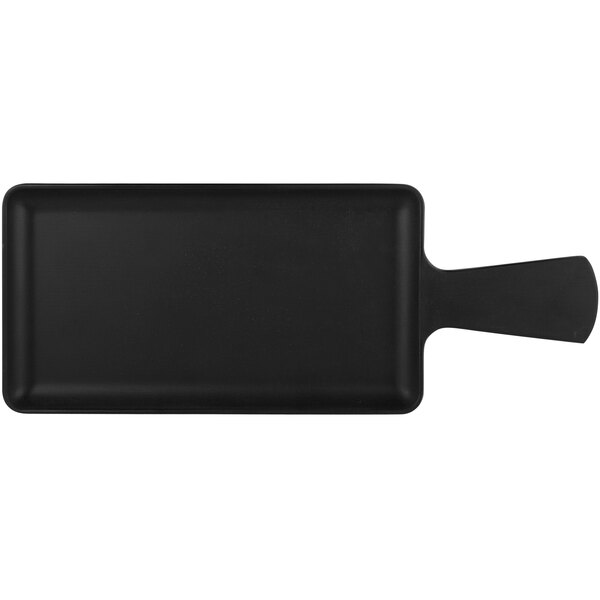 A black rectangular Elite Global Solutions melamine serving board with a handle.