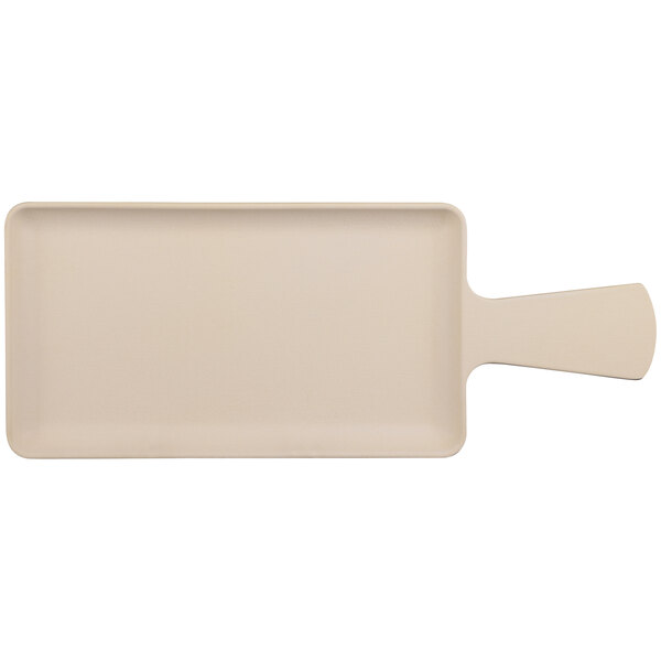 A rectangular white melamine serving tray with a handle.