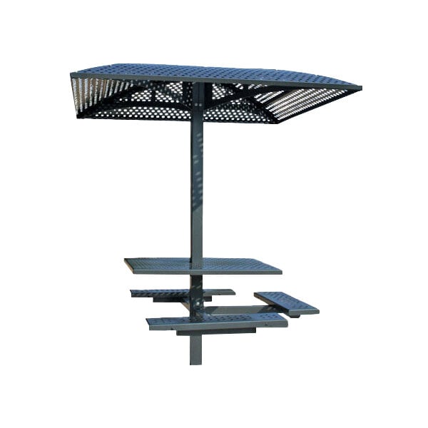 A Paris Site Furnishings square black metal picnic table with perforated metal surface and 4 attached benches.
