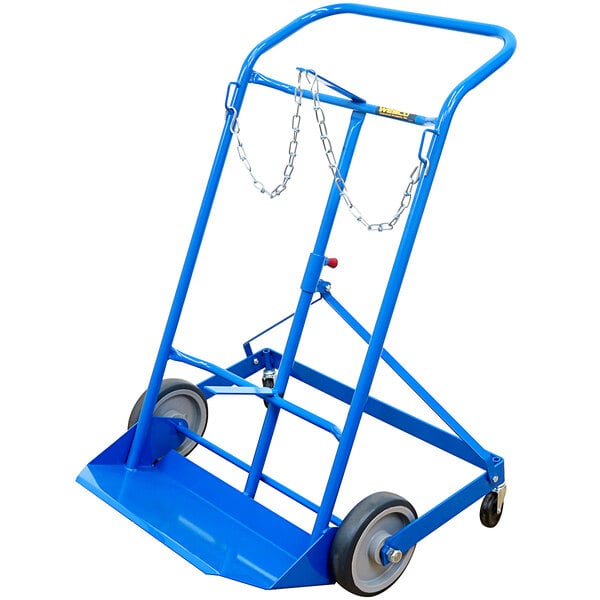 A blue Wesco Industrial Products double cylinder hand truck with wheels.