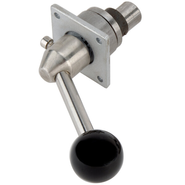 A close-up of a metal and black mechanical lever with a black ball on the end.