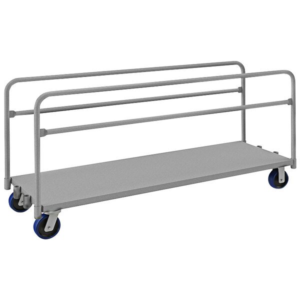 A grey metal cart with blue wheels.