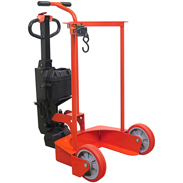 A black and red Wesco Industrial Products hand truck with a black box and wheels.