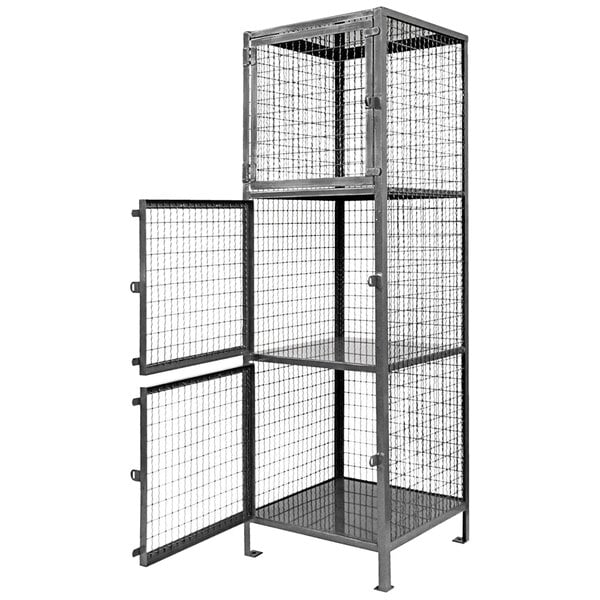 A Vestil steel mesh 3-shelf storage locker with mesh doors open.