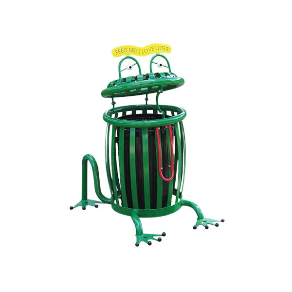 A green metal Paris Site Furnishings trash can with a frog lid.
