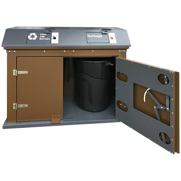 A brown TuffBoxx Camper steel trash receptacle with a door open.