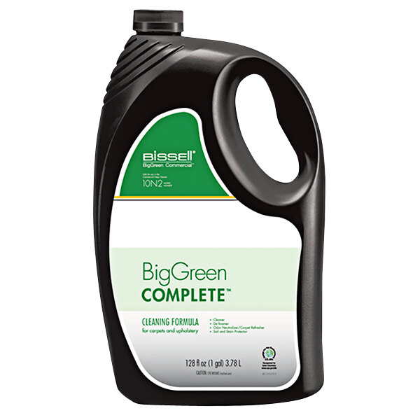 A black plastic bottle of Bissell Complete Formula Cleaner with a green label and handle.