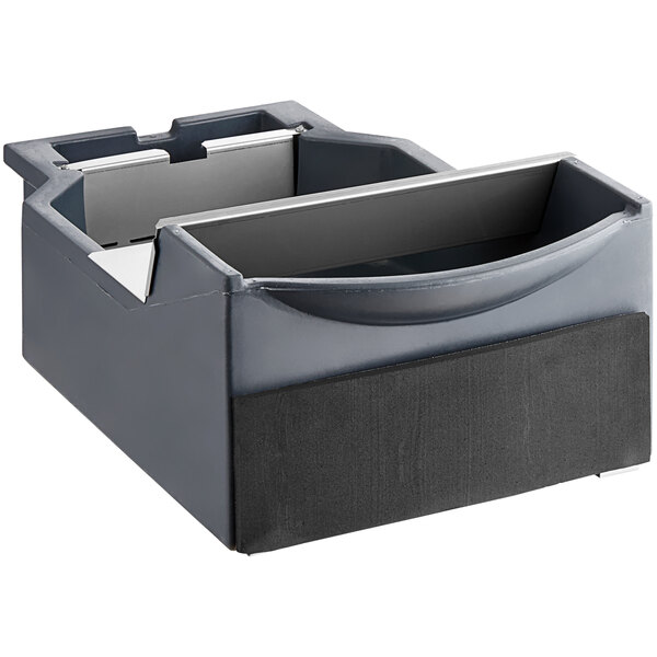 A grey and black plastic drain pan for Avantco ice dispensers.