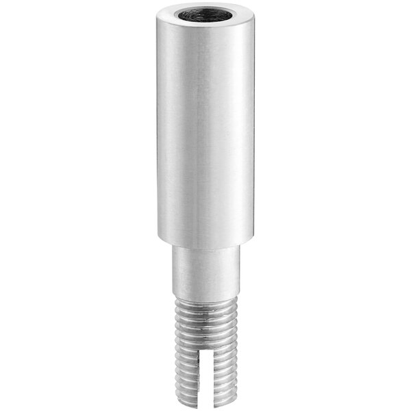 A silver metal Avantco round spit base with a threaded end.