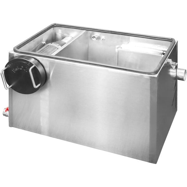 A stainless steel Grease Guardian container with a black lid.