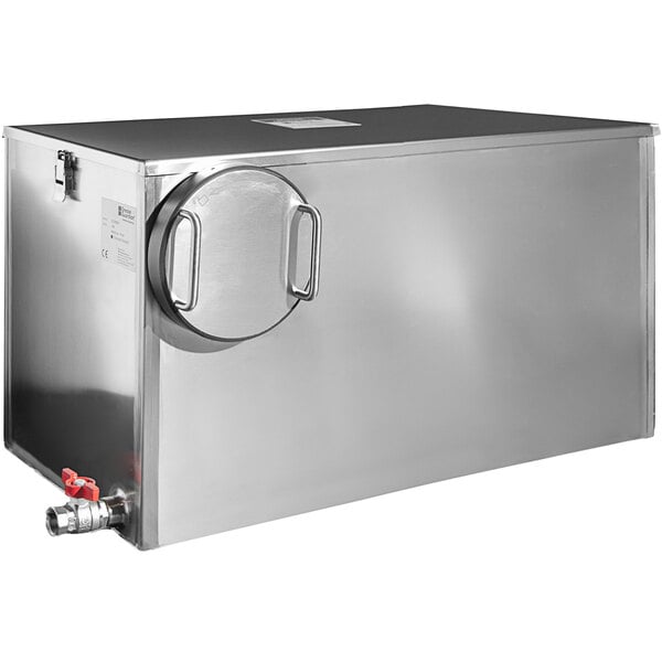 A stainless steel Grease Guardian grease trap with a round door.
