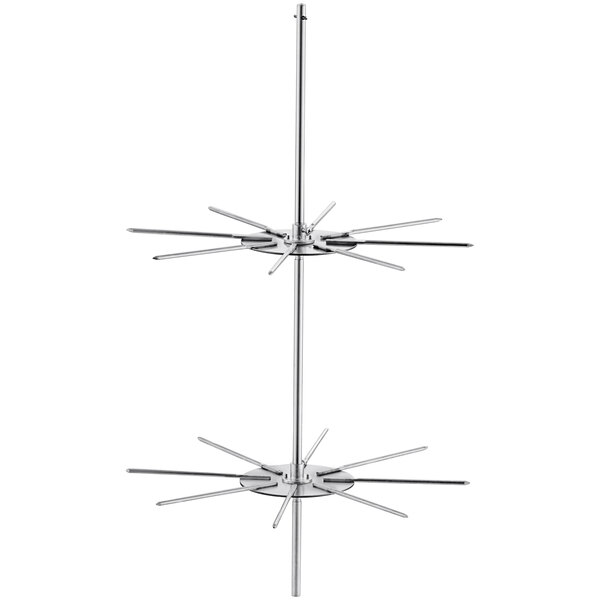 A white metal rack with six metal rods.