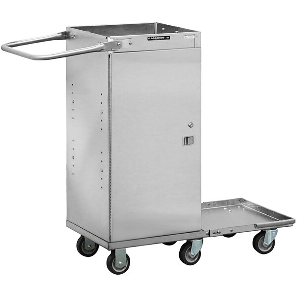 A silver stainless steel Lakeside housekeeping cart with wheels.
