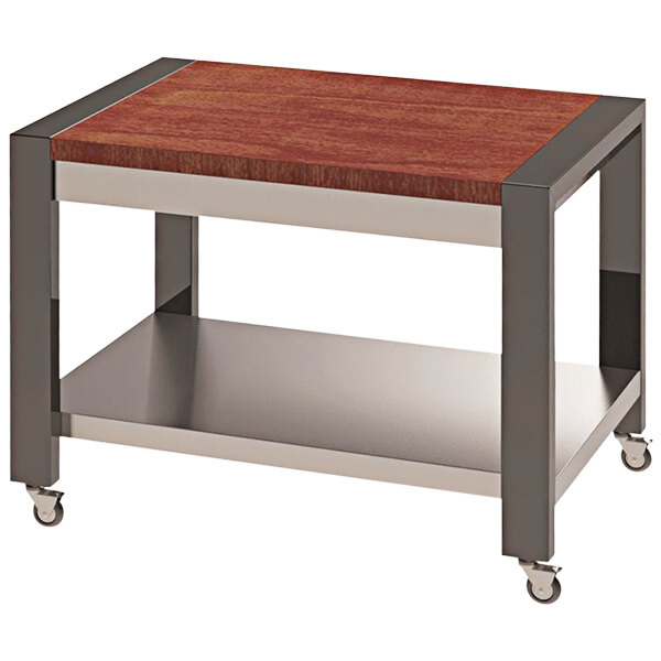 A Lakeside traveler serving table with a red maple laminate top and stainless steel base on wheels.