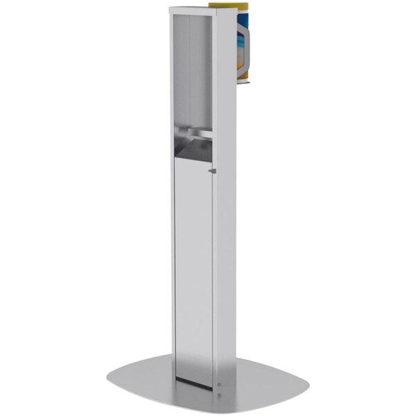 A silver Lakeside disinfecting wipe stand with an integrated waste receptacle.