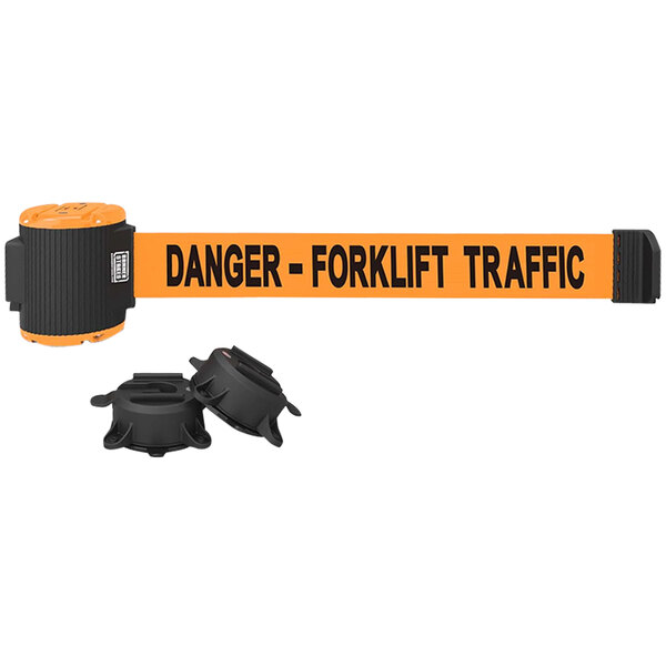 A black and orange Banner Stakes wall mount with black text reading "Danger - Forklift Traffic" on orange and black tape.