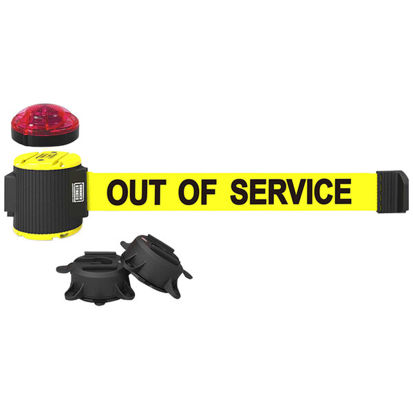A yellow Banner Stakes wall mount tape with "Out of Service" in black and two red lights.