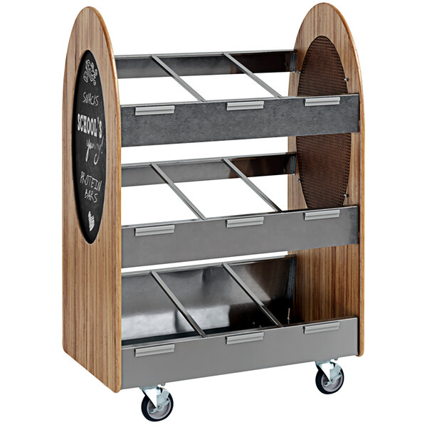 A wooden and metal Lakeside merchandising cart with shelves.