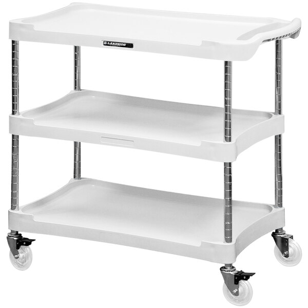 A white Lakeside plastic utility cart with three shelves and wheels.