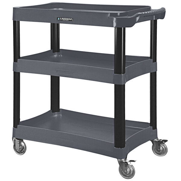 A Lakeside charcoal gray plastic utility cart with three shelves and black push handles.