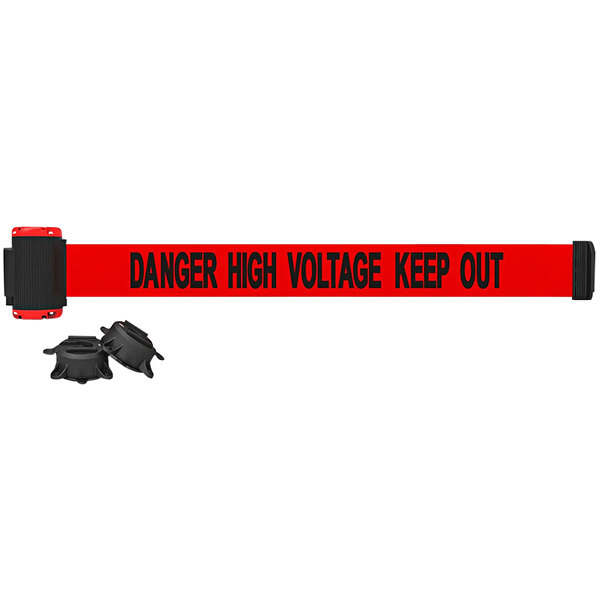 A red and black Banner Stakes wall mount belt barrier with black text reading "Danger High Voltage Keep Out"