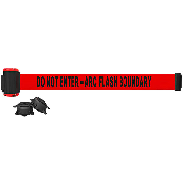 A red and black Banner Stakes wall mount belt with black text reading "Do Not Enter - Arc Flash Boundary"